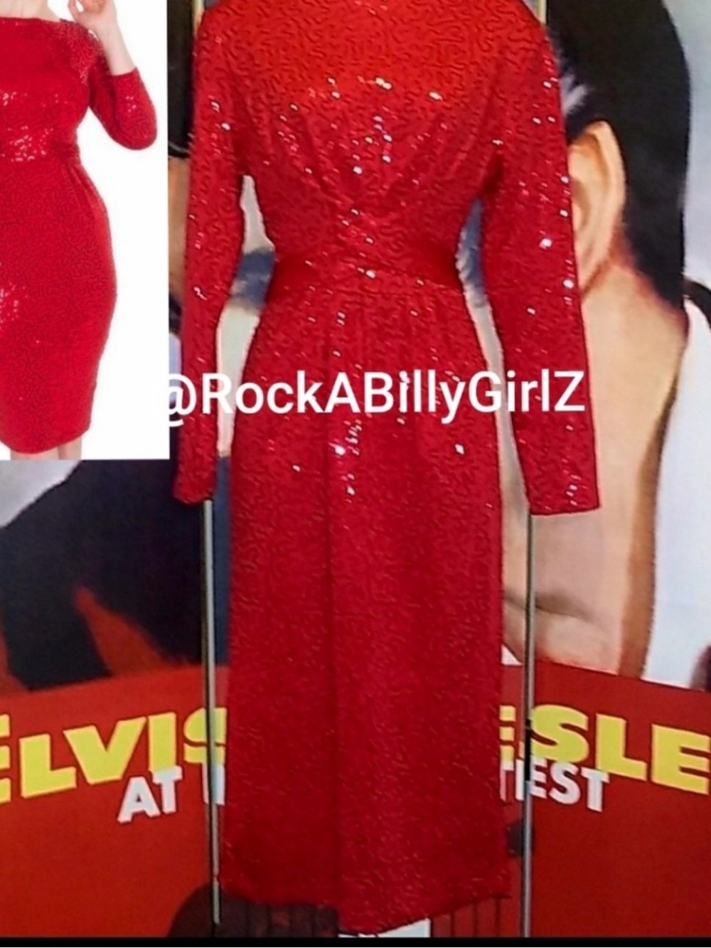 Tatyana Dazzle Vintage Lipstick Red Sequin Pinup Pencil Long Sleeve Dress Belt